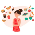 A pregnant woman avoiding unsafe foods like raw fish, alcohol, and processed foods during early pregnancy