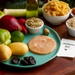 A collection of high fiber diet foods commonly found in India including lentils, whole grains, fruits, and vegetables on a table