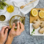 A collection of natural home remedies including ginger, lemon, yogurt, and herbs to boost digestion and improve gut health